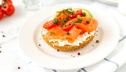 Delicious bagel with cream cheese and smoked salmon.