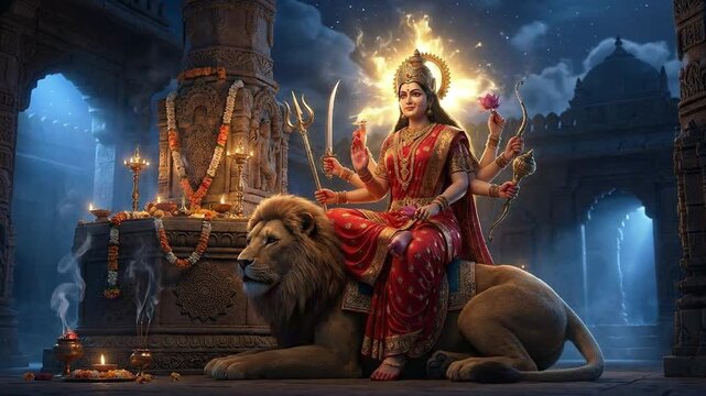 Cinematic illustration of goddess durga sitting on her lion in a dark temple, glowing powerfully for chaitra navratri.