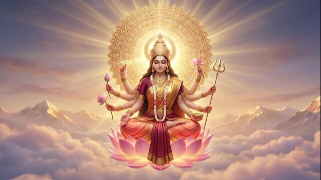 A radiant digital illustration of goddess durga, seated on a lotus above golden clouds, celebrating chaitra navratri.