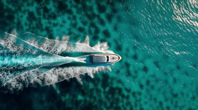 Aerial view of a speedboat racing across the ocean with waves crashing