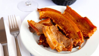 Delicious Barbecued Ribs on White Plate.