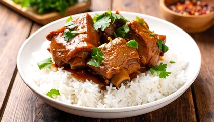 Delicious Beef Curry with White Rice Garnished with Fresh Herbs.