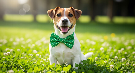 Happy St. Patrick's Day Happy Jack Russell Terrier Dog Wearing a Festive Green Clover Bow Tie, Sitting Joyfully in a Sunny Spring Meadow with White Clovers, Celebrating St. Patrick's Day.