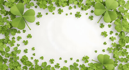 Happy St. Patrick's Day St. Patrick's Day Background with Lush Green Shamrocks and Four-Leaf Clovers Scattered as a Festive Border on a Clean White Backdrop with Ample Copy Space.