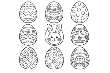 Set of decorated easter egg outlines with cute bunny face  -Easter coloring page illustrations isolated on a neutral background with png background