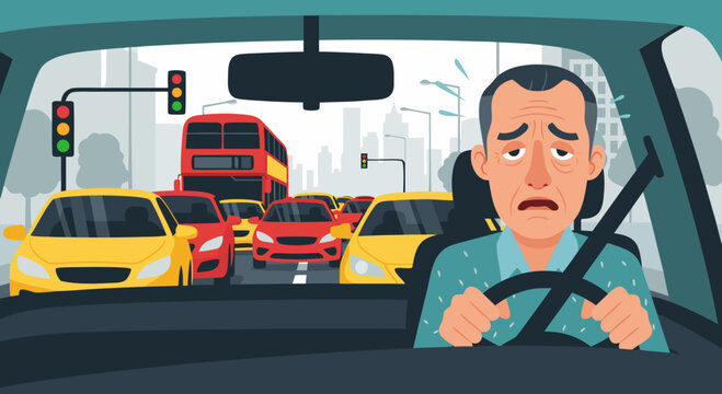 Vector illustration of a stressed male driver stuck in a severe city traffic jam during rush hour, highlighting urban commute stress