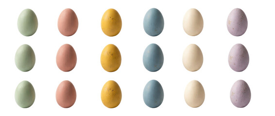 Pastel colored decorative eggs arranged in a neat grid pattern showcasing various soft hues and textures product shot isolated