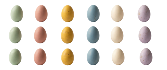 Pastel colored decorative eggs arranged in a neat grid pattern showcasing various soft hues and textures product shot isolated
