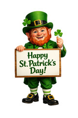 Leprechaun in green attire holding a sign that says happy st patricks day with a shamrock on white and transparent