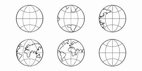 Six circular map projections depicting earth s continents and gridlines