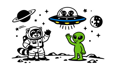 Obraz premium Playful line art space exploration set featuring a raccoon astronaut, a friendly alien, a flying saucer, and celestial bodies for children's designs