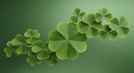 Happy St. Patrick's Day Decorative String of Green Shamrocks and Four-Leaf Clovers Arranged Diagonally on a Gradient Dark Green Background, Perfect for St. Patrick's Day Designs.