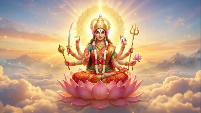 Digital illustration of divine goddess durga seated on a lotus, radiating golden light above clouds for chaitra navratri.
