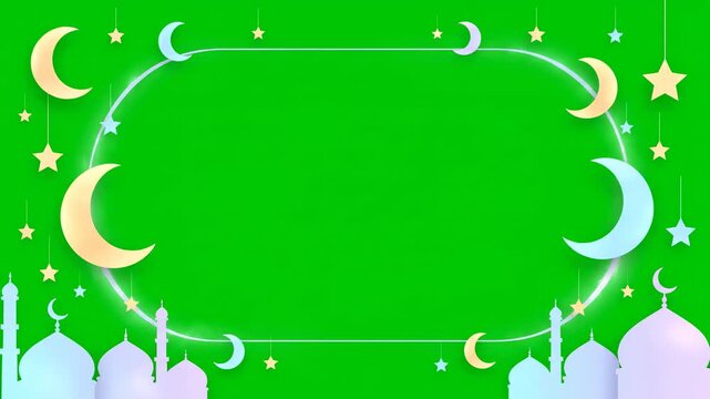 Celebrating Ramadhan with crescent moons and stars surrounding an empty frame over a green background with mosque silhouettes