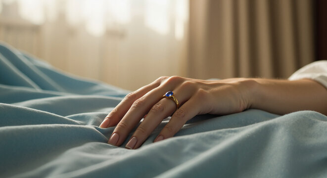 Woman's hand with ring resting on blue blanket in soft light  