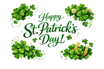 Happy st patricks day greeting surrounded by green clovers and festive decorations in a transparent background and plain white background