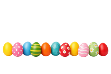 Colorful decorated easter eggs arranged in a row showcasing various patterns and vibrant colors on white and transparent