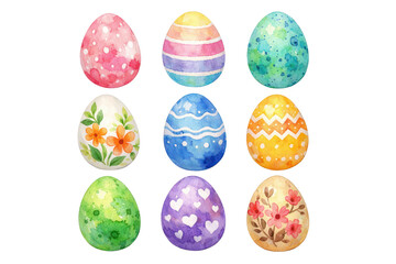 Watercolor decorated easter eggs arranged in a grid pattern showcasing various designs and colors cutout on alpha channel