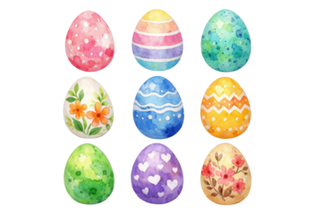 Watercolor decorated easter eggs arranged in a grid pattern showcasing various designs and colors cutout on alpha channel
