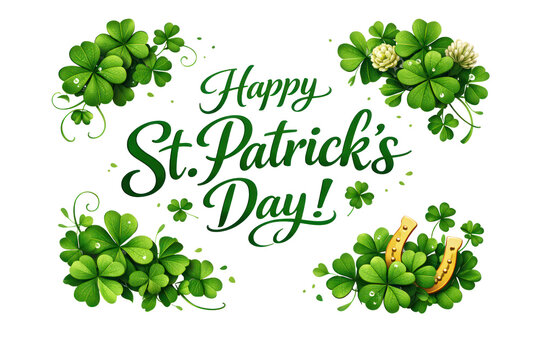 Happy st patricks day greeting surrounded by green clovers and festive decorations in a transparent background and plain white background