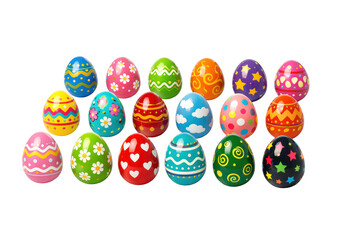 Set of colorful decorated easter eggs arranged in a row showcasing various patterns and isolated on a neutral background with png background