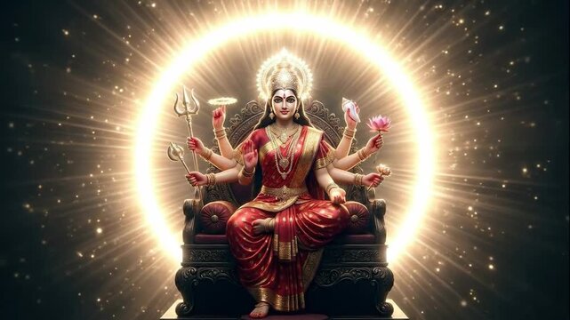 Goddess durga seated on a throne, illuminated by a golden halo, celebrating chaitra navratri.