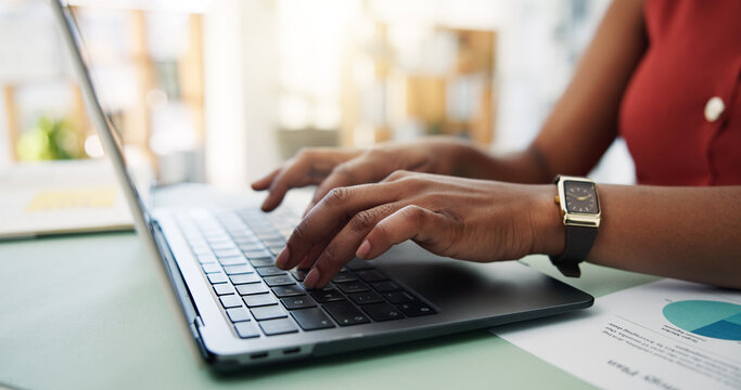 Hands, laptop and typing with documents at startup, charts and stats for target market at company. Person, computer and review with advertising, graphs and project management at creative agency - Powered by Adobe