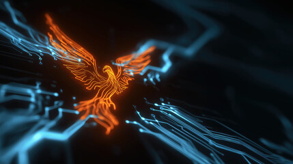 Phoenix circuit board technology glowing neon blue orange abstract bird shape over dark background, futuristic energy mood