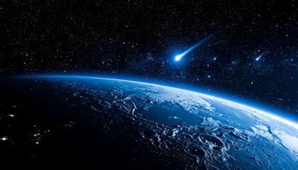 Obraz premium Earth from Space with Meteor Entering Atmosphere.