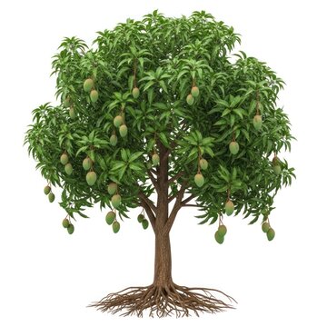 Mango Tree with Green Fruits and Roots.