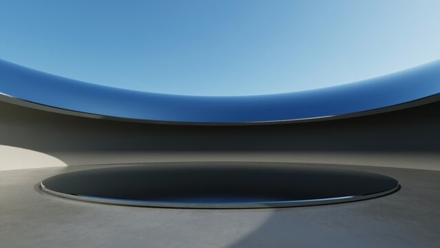 Abstract architecture background, Metallic Curved Building with empty Cement floor, Scene for car presentation, Modern Exterior, 3D rendering