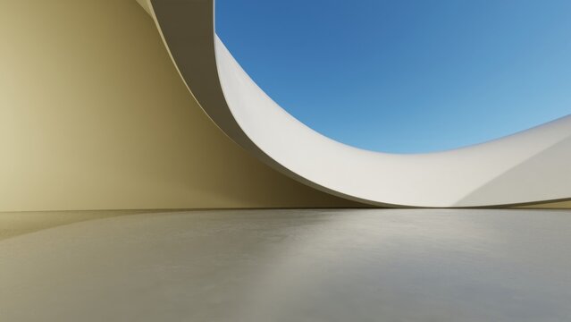 Abstract architecture background, White Curved Concrete Building with empty Cement floor, Scene for car presentation, Modern Exterior, 3D rendering