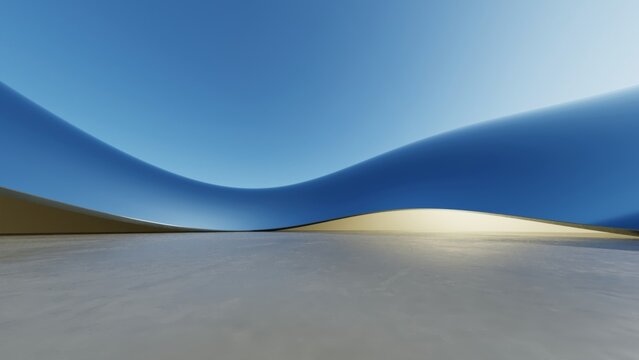 Abstract architecture background, Metallic Curved Building with empty Cement floor, Scene for car presentation, Modern Exterior, 3D rendering