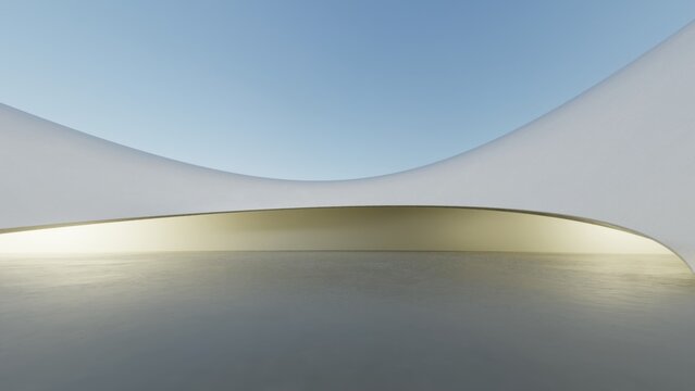 Abstract architecture background, White Curved Concrete Building with empty Cement floor, Scene for car presentation, Modern Exterior, 3D rendering