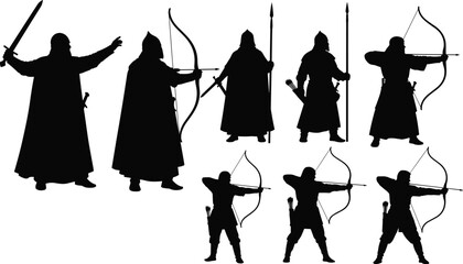 Obraz premium Medieval Archer And Warrior Silhouette Collection Featuring Bow And Sword Fighters, Black Historical Fantasy Vector Illustration Set For Games, Logos, And Design