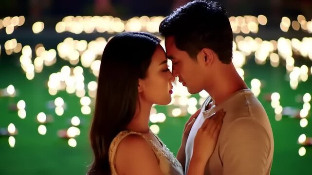 Romantic couple face to face embracing.