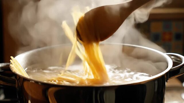 Cooking pasta in a stainless steel pot with steam and boiling water