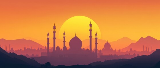Silhouette Of Islamic Mosque At Sunset With Domes And Minarets Against Orange Sky architecture