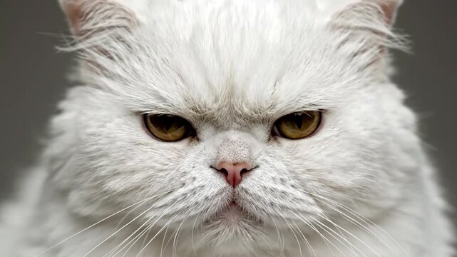White cat face with serious gaze.