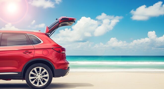 Red suv parked on a sunny beach with trunk open