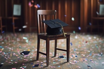 Graduation cap sitting on an unoccupied chair with a wooden surface