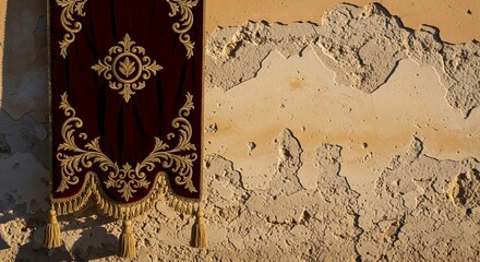 Naklejka premium Ornate Venice Carnival banner featuring rich gold embroidery against a weathered historic wall background concept, bathed in warm sunlight