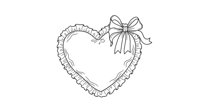 Black and white line art drawing of a heart shaped decorative pillow or cushion with a ruffled border and bow detail.