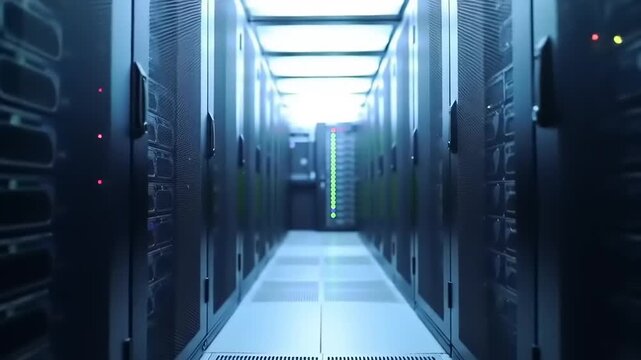 Server room aisle with data storage.