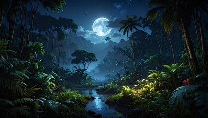 Naklejka premium Tropical Jungle River at Night with Full Moon and Misty Atmosphere