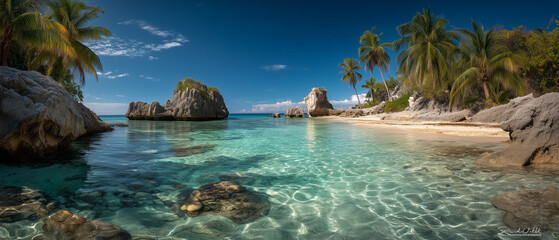 Tropical beach crystal water palm tree white sand rock formation blue sky paradise lagoon serene tropical beach with crystal