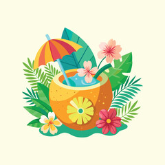 Obraz premium Basket of flowers vector illustration with leaves and summer floral design