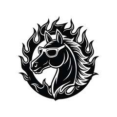 Fototapeta premium Horse fire with sunglass black tattoo vector illustration