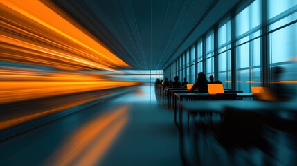 People are working in a modern office with motion blur and glowing light trails, representing speed, technology, and connectivity