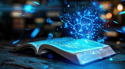 Open Book with Glowing Digital Symbols Representing Knowledge and Imagination in a Magical Setting